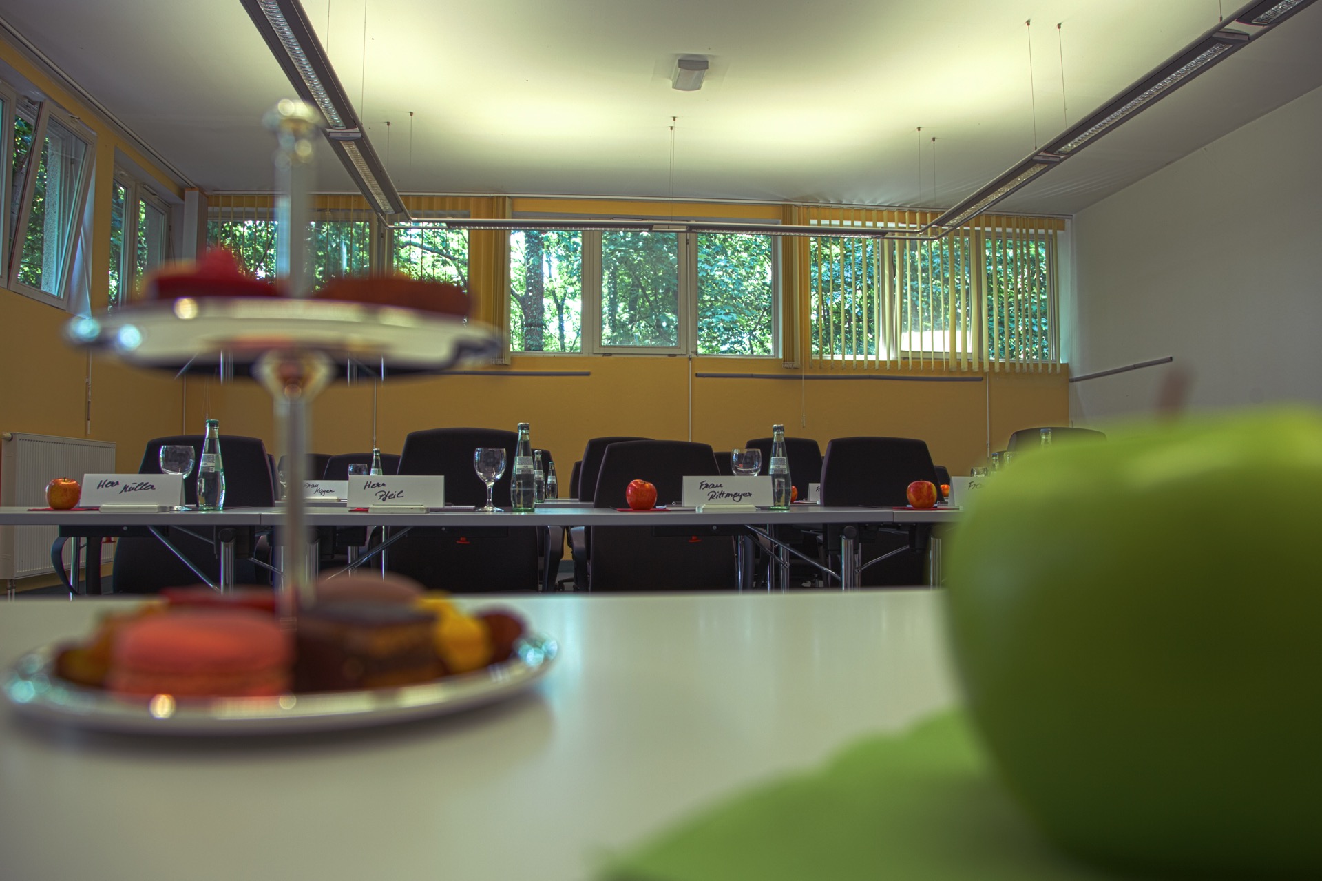 Konferenzraum mit Paneltisch, schwarzen Stühlen, Namensplaketten, Wassergläsern und Äpfeln, im Hintergrund große Fenster mit Blick ins Grüne.