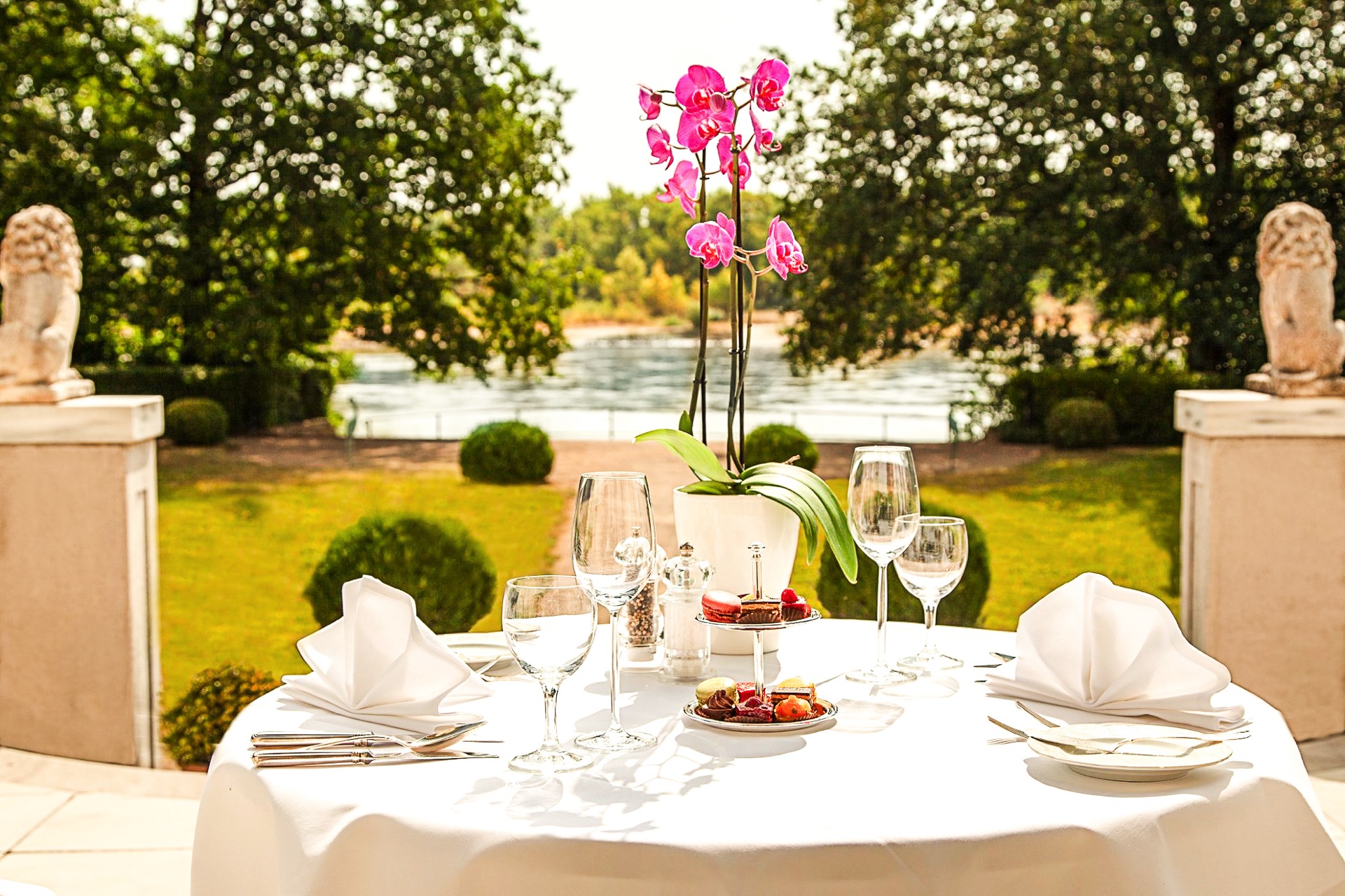 Festlich gedeckter Tisch mit rosa Orchidee auf der Elbterrasse des Hotel Schloss Storkau mit Blick auf die Elbe