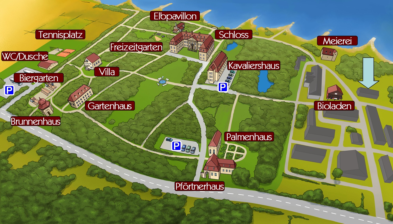 Illustrierte Lageplan-Karte des Schloss Storkau-Areals mit Schloss, Kavaliershaus, Palmenhaus, Villa, Gartenhaus, Elbpavillon und weiteren Gebäuden, Parkplätzen, Tennisplatz, Biergarten und Wegen entlang der Elbe.