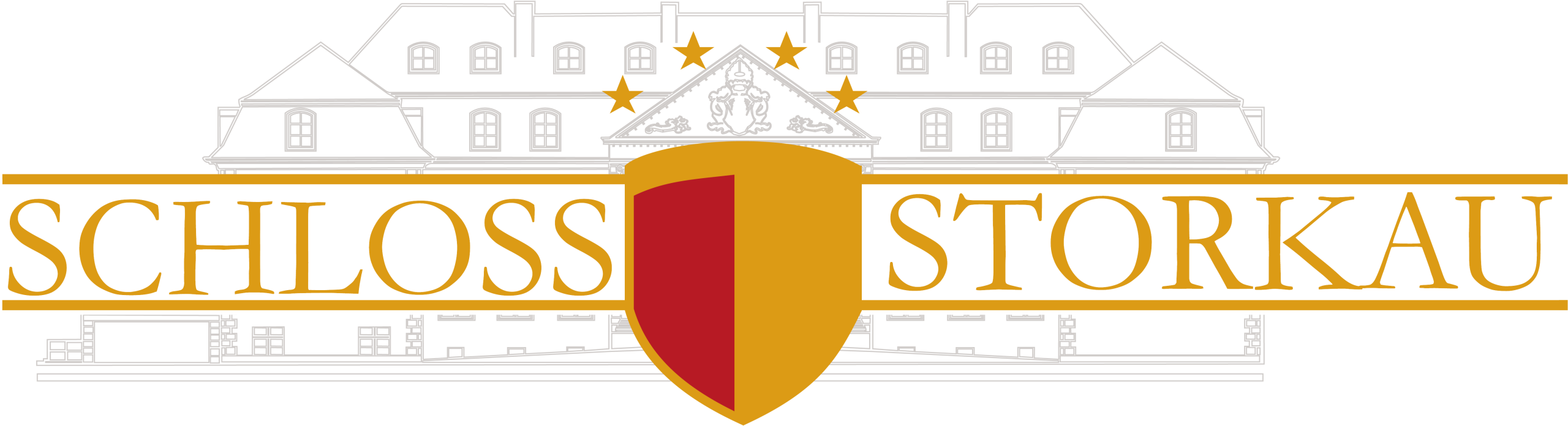 Logo des Hotel Schloss Storkau mit rot-goldenem Wappenschild und stilisierter Schlossfassade