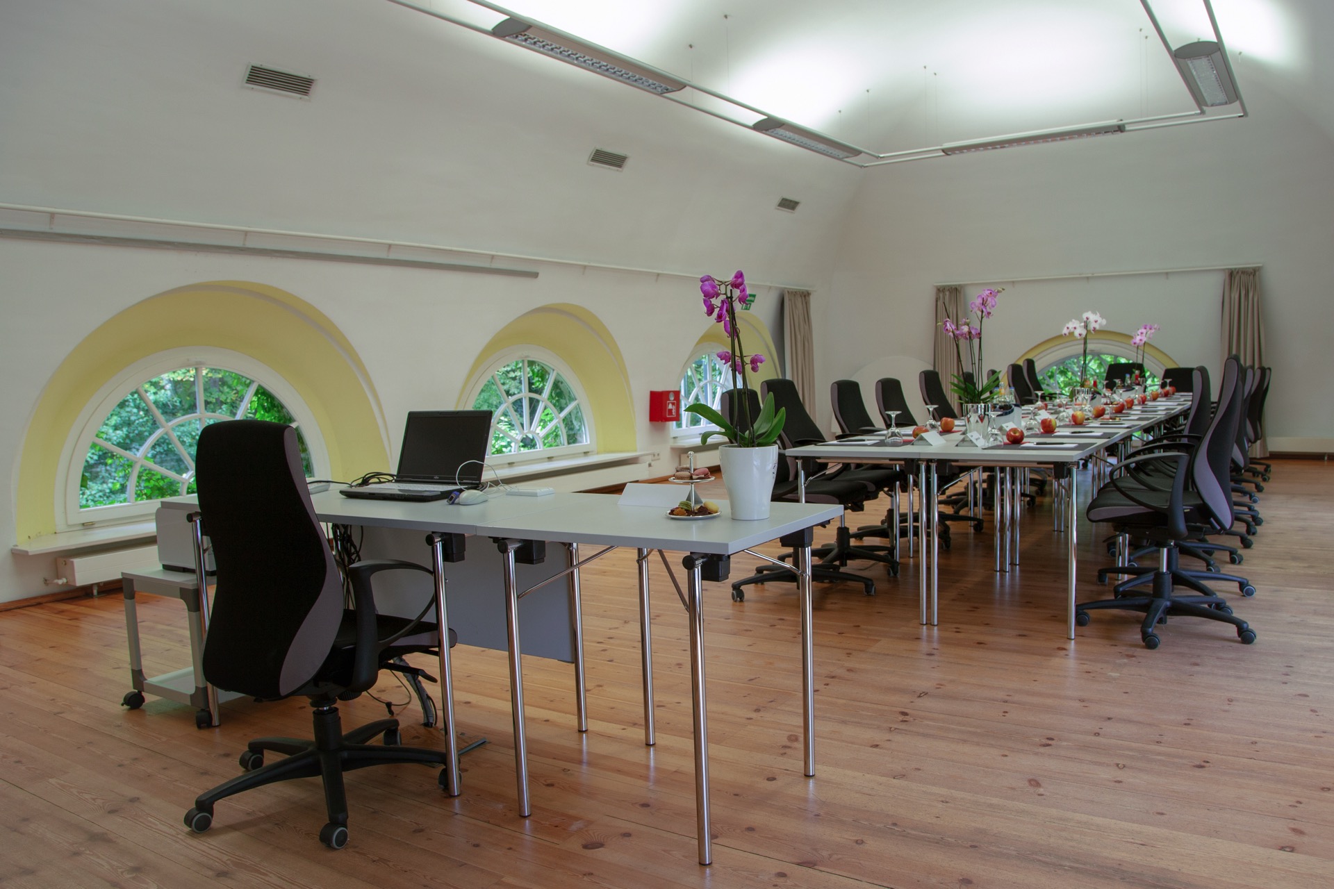 Tagungsraum im Palmenhaus des Hotel Schloss Storkau mit langer Blocktafel, schwarzen Bürostühlen, Orchideen und Rundbogenfenstern