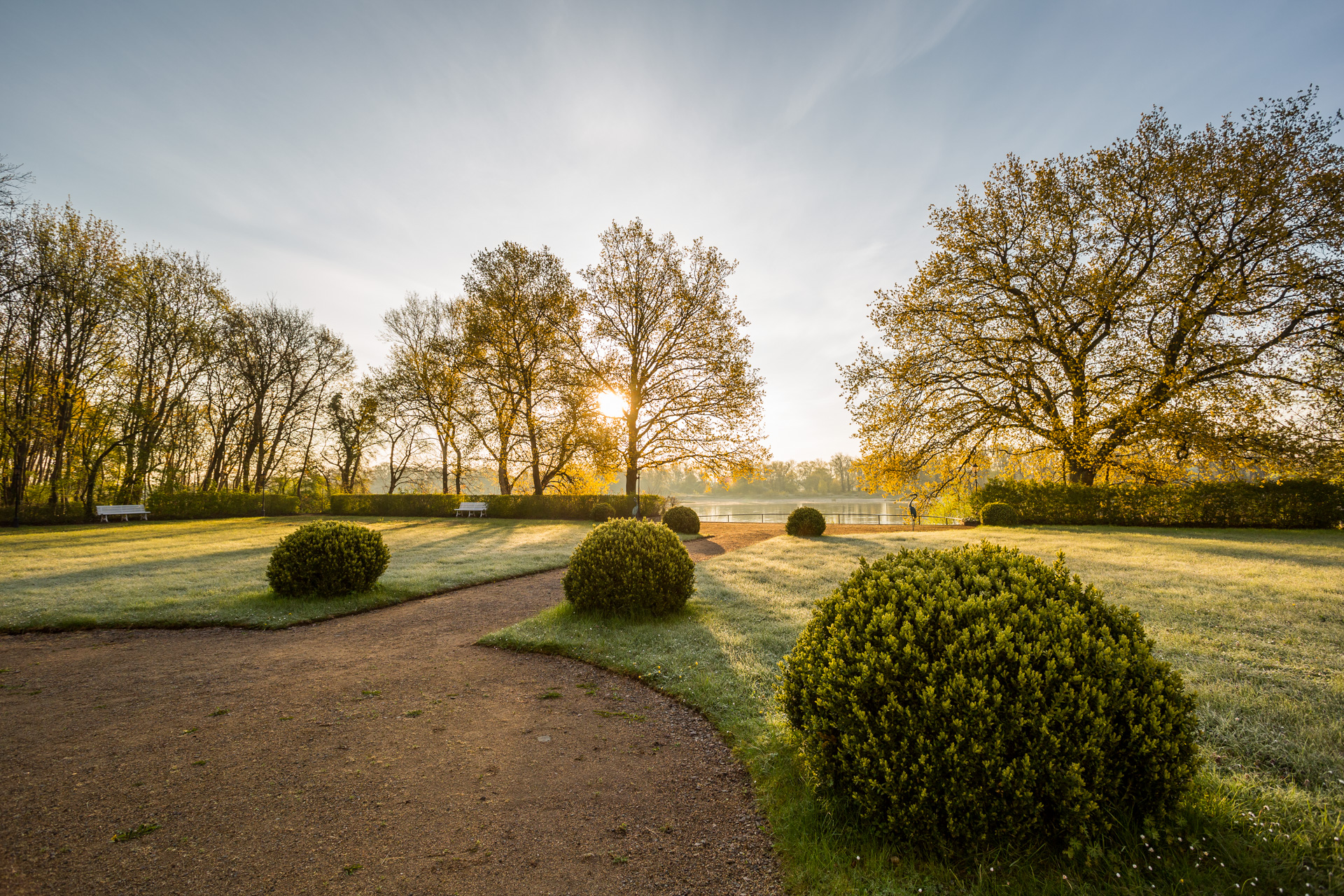 Morgenstimmung im Schlosspark des Hotel Schloss Storkau mit Buchskugeln, taufrischem Rasen und tiefstehender Sonne über der Elbe