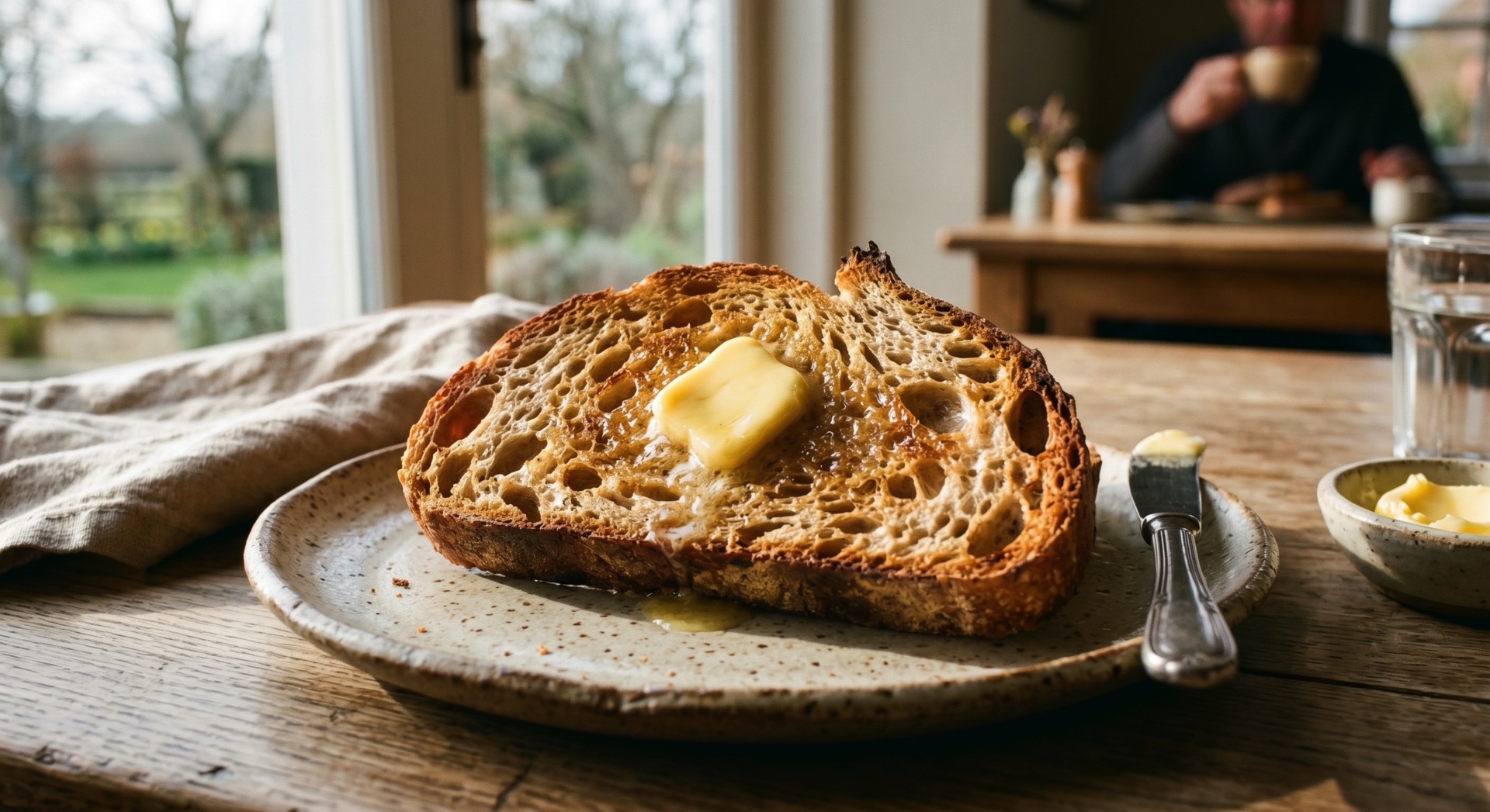 Sauerteigtoast mit Butter Getoastete Scheibe Sauerteigbrot mit schmelzender Butter auf einem Steingutteller am Fenster